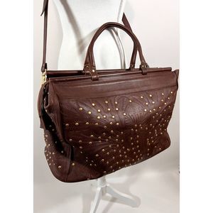 JL Saldivar Hand Tooled and Studded Brown Leather Weekender Bag